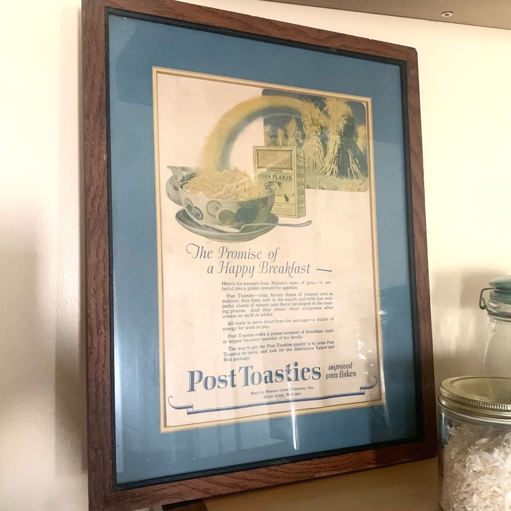 Antique framed Post Toasties corn flakes breakfast cereal advertisement